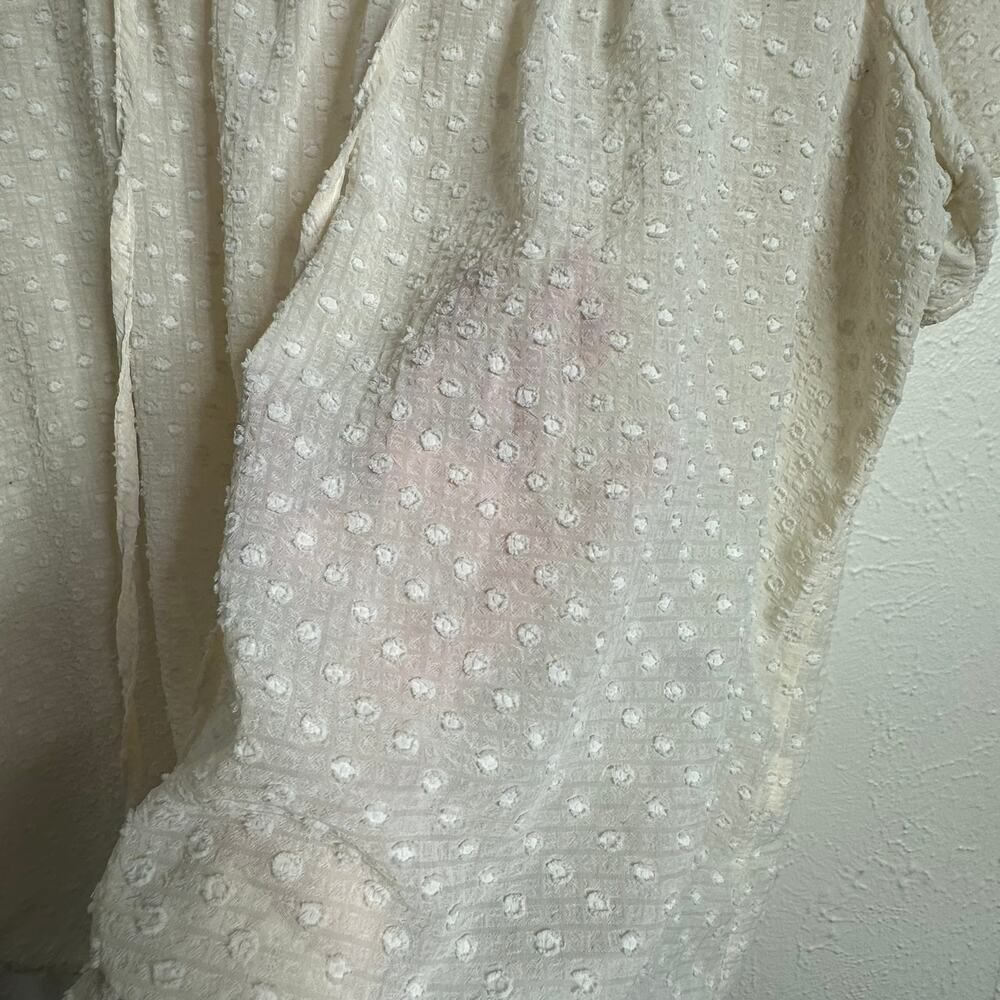 Flower & Feather Woman's 2X Tan & White Swiss Dot Short Ruffled Sleeve Blouse - Picture 7 of 11